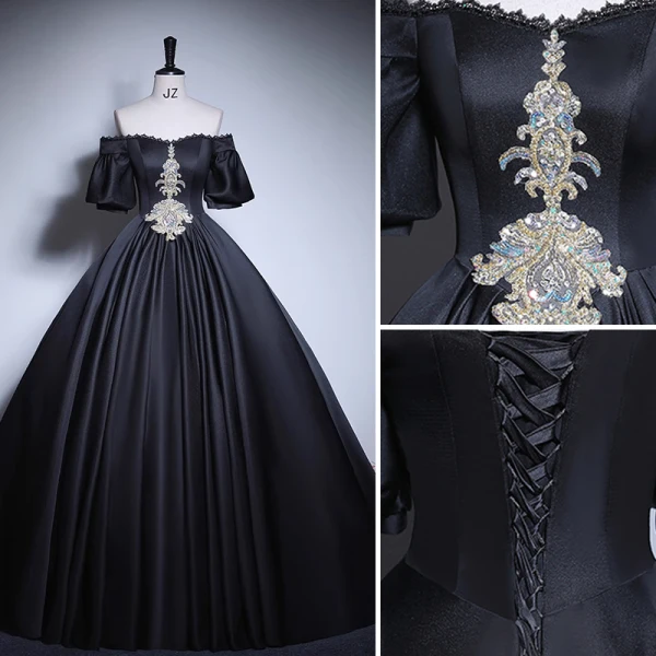 Elegant Black Beading Sequins Lace Flower Prom Dresses 2023 Ball Gown Off-The-Shoulder Short Sleeve Backless Floor-Length / Long Prom Formal Dresses
