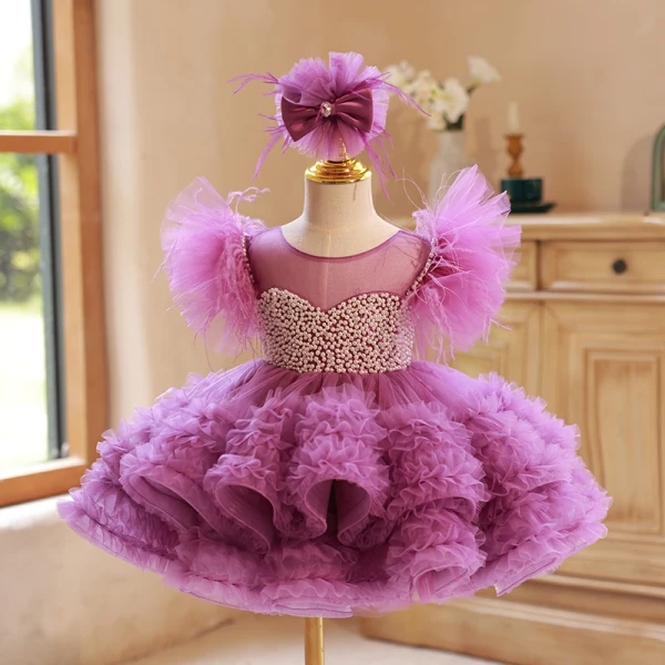Chic / Beautiful Lilac Cascading Ruffles Pearl Birthday Flower Girl Dresses 2023 Ball Gown Scoop Neck Short Sleeve Backless Short