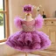 Chic / Beautiful Lilac Cascading Ruffles Pearl Birthday Flower Girl Dresses 2023 Ball Gown Scoop Neck Short Sleeve Backless Short