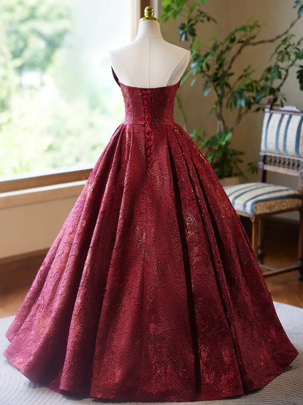 Élégant Bordeaux Impression Robe De Bal 2024 Robe Boule Bustier Noeud Sans Manches Dos Nu Longue Promo Robe De Ceremonie