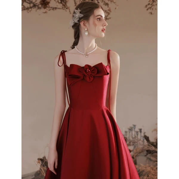 Modern / Fashion Burgundy Satin Evening Dresses 2023 A-Line / Princess Spaghetti Straps Bow Sleeveless Backless Floor-Length / Long Evening Party Formal Dresses