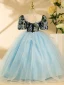 Chic / Beautiful Sky Blue Floral Pearl Rhinestone Birthday Flower Girl Dresses 2024 Ball Gown Scoop Neck Short Sleeve Backless Floor-Length / Long