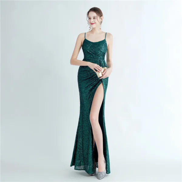 Sexy Bling Bling Bleu Ciel Paillettes Fendue devant Robe De Soirée 2024 Trompette / Sirène Bretelles Spaghetti Sans Manches Dos Nu Longue Soirée Robe De Ceremonie