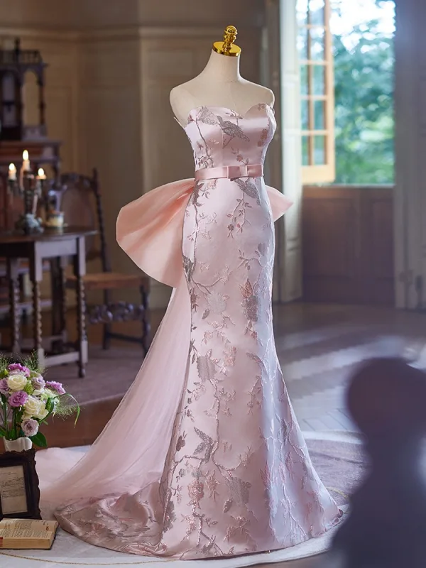 Chic / Belle Rougissant Rose En Dentelle Fleur Robe De Soirée 2024 Trompette / Sirène Bustier Sans Manches Dos Nu Noeud Train De Balayage Soirée Robe De Ceremonie