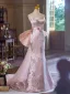 Chic / Belle Rougissant Rose En Dentelle Fleur Robe De Soirée 2024 Trompette / Sirène Bustier Sans Manches Dos Nu Noeud Train De Balayage Soirée Robe De Ceremonie