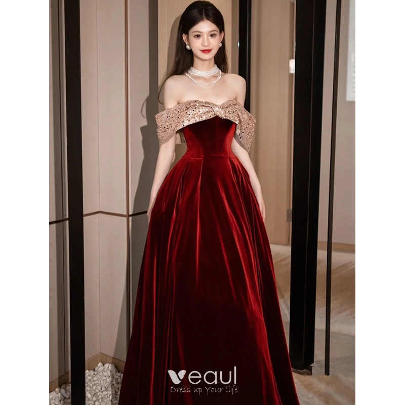 Sexy Burgundy Sequins Velvet Prom Dresses 2023 A Line Princess Off The  Shoulder Sleeveless Backless Floor Length Long Prom Formal Dresses