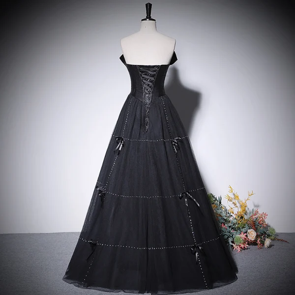 Elegant Black Pearl Bow Prom Dresses 2022 A-Line / Princess Strapless Sleeveless Backless Floor-Length / Long Prom Formal Dresses