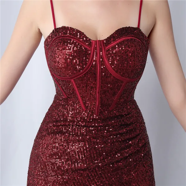 Glitzernden Sexy Burgunderrot Pailletten Gespaltete Front Abendkleider 2024 Meerjungfrau Spaghettiträger Ärmellos Rückenfreies Lange Abend Festliche Kleider