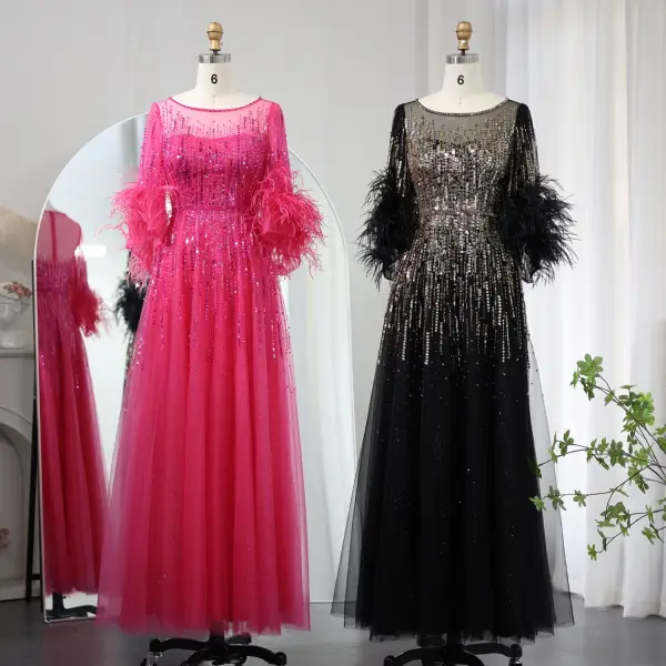 High-end Black Handmade Beading Sequins Feather Prom Dresses 2024 A-Line / Princess Scoop Neck 1/2 Sleeves Floor-Length / Long Prom Formal Dresses
