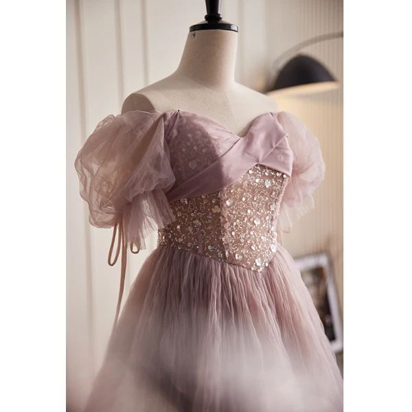 Charmant Dunkel Rosa Glanz Perlenstickerei Pailletten Ballkleider 2023 A Linie Off Shoulder Kurze Ärmel Rückenfreies Lange Ball Festliche Kleider