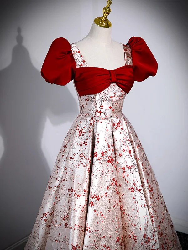 Chic / Beautiful Burgundy Printing Prom Dresses 2023 A-Line / Princess Square Neckline Bow Puffy Short Sleeve Backless Floor-Length / Long Prom Formal Dresses