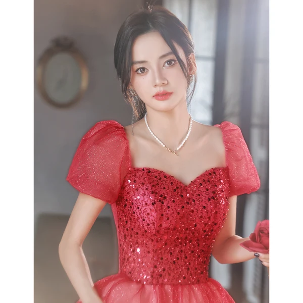 Chic / Belle Bordeaux Glitter Paillettes Robe De Bal 2022 Princesse Encolure Carrée Gonflée Manches Courtes Dos Nu Longue Promo Robe De Ceremonie