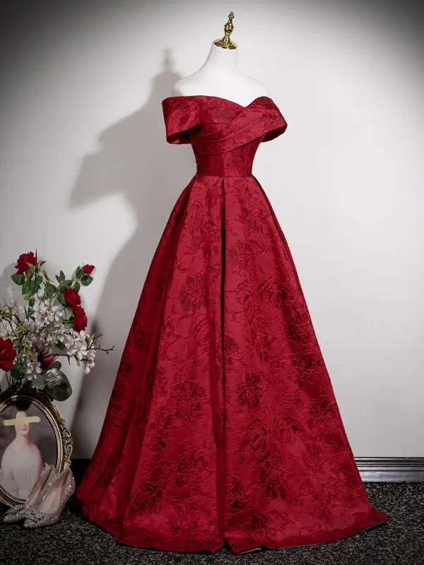 Vintage / Retro Burgundy Printing Prom Dresses 2025 A-Line / Princess Off-The-Shoulder Short Sleeve Backless Floor-Length / Long Formal Dresses