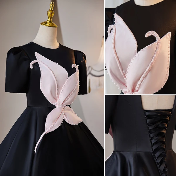Élégant Noire Perle Robe De Bal 2023 Robe Boule Satin Encolure Dégagée Manches Courtes Dos Nu Longue Promo Robe De Ceremonie