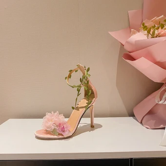 Sexy Rosa Applikationen Ball Sandalen Damen 2024 Leder Knöchelriemen 10 Cm Stilettos Peeptoes Sandaletten Hochhackige