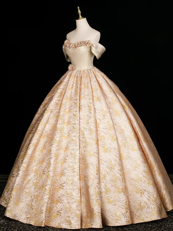 Vintage / Retro Champagne Appliques Satin Prom Dresses 2026 Ball Gown Strapless Sleeveless Backless Floor-Length / Long Formal Dresses