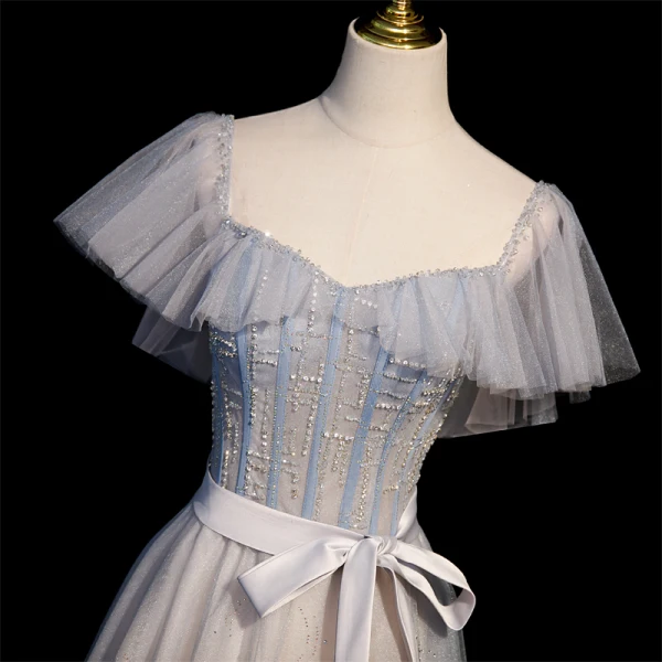 Chic / Belle Bleu Ciel Perlage Paillettes Robe De Bal 2022 Princesse Encolure Carrée Manches Courtes Dos Nu Noeud Ceinture Longue Promo Robe De Ceremonie