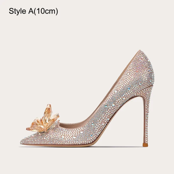 Cinderella Sparkly Champagne Crystal Rhinestone Wedding Shoes 2023 Leather 10 cm Stiletto Heels Pointed Toe Wedding Pumps High Heels