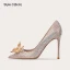 Cinderella Sparkly Champagne Crystal Rhinestone Wedding Shoes 2023 Leather 10 cm Stiletto Heels Pointed Toe Wedding Pumps High Heels
