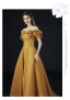 Vintage / Retro Yellow Prom Dresses 2021 A-Line / Princess Off-The-Shoulder Ruffle Short Sleeve Solid Color Satin Engagement Formal Dresses Sweep Train
