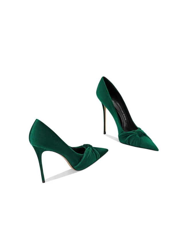 Vintage / Retro Dark Green Prom Bow Pumps 2024 Leather 10 cm Stiletto Heels Pointed Toe Pumps High Heels