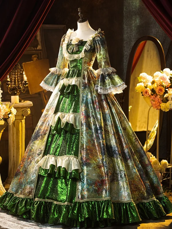 Vintage / Retro Medieval Green Glitter Bow Cosplay Lolita Prom Dresses 2024 Ball Gown Square Neckline Bell sleeves Backless Floor-Length / Long Formal Dresses