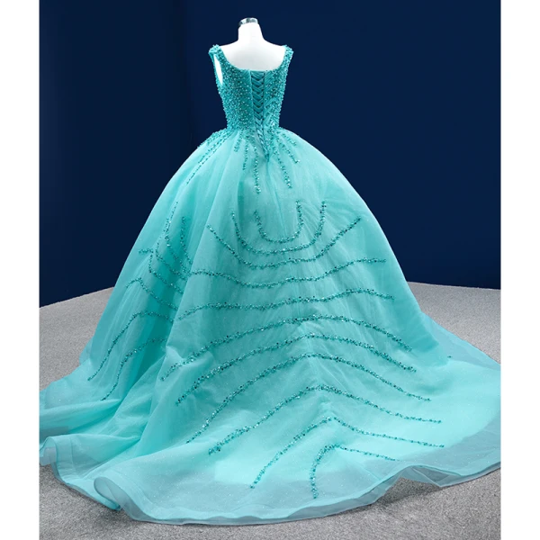 High-end Mint Green Handmade Beading Pearl Sequins Prom Dresses 2022 Ball Gown U-Neck Sleeveless Backless Court Train Prom Formal Dresses