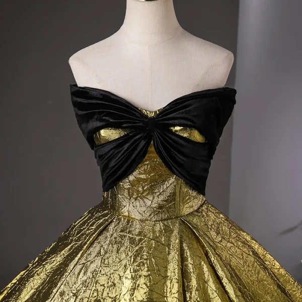 Vintage / Retro Black Gold Ball Gown Prom Dresses 2024 Strapless Sleeveless Backless Floor-Length / Long Prom Formal Dresses