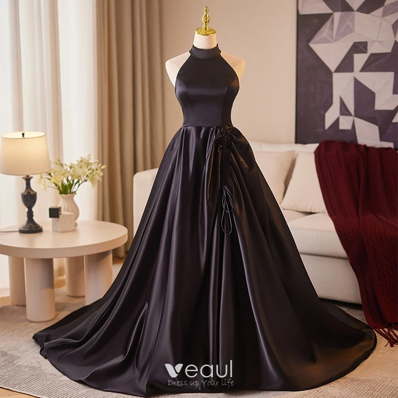 Audrey Hepburn Style Black Prom Dresses 2024 A-Line / Princess High Neck Sleeveless Backless Sweep Train Prom Formal Dresses