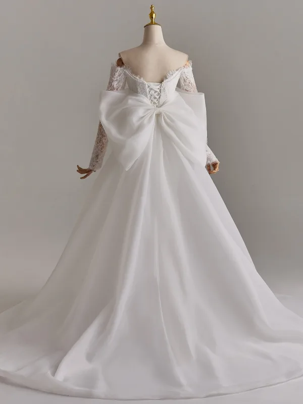 Elegante Schöne Weiß Perle Pailletten Spitze Blumen Applikationen Brautkleider / Hochzeitskleider 2025 Meerjungfrau Off Shoulder Lange Ärmel Rückenfreies Schleife