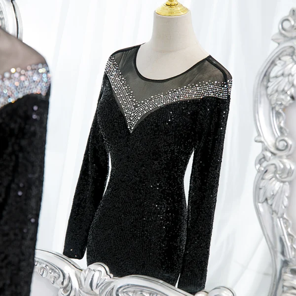Charmant Scintillantes Noire Faux Diamant Paillettes Robe De Soirée 2022 Trompette / Sirène Encolure Dégagée Manches Longues Train De Balayage Soirée Robe De Ceremonie