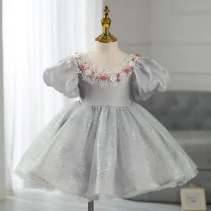 Chic Belle Gris Mariage Courte Robe Ceremonie Fille 2022 Robe Boule Encolure Dégagée Gonflée Manches Courtes Perle Paillettes Appliques Robe Ceremonie Fille