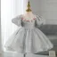 Chic / Beautiful Grey Wedding Short Flower Girl Dresses 2022 Ball Gown Scoop Neck Puffy Short Sleeve Pearl Sequins Appliques Flower Girl Dresses