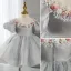 Chic / Beautiful Grey Wedding Short Flower Girl Dresses 2022 Ball Gown Scoop Neck Puffy Short Sleeve Pearl Sequins Appliques Flower Girl Dresses