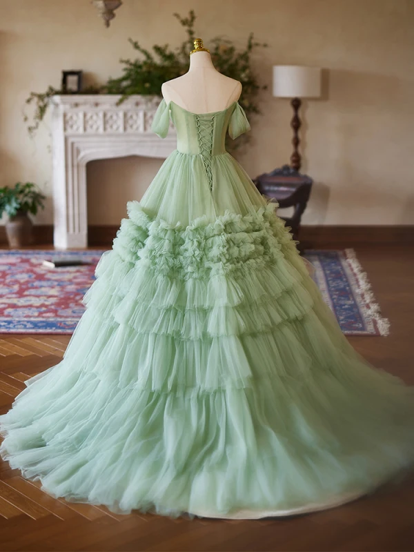 Chic / Beautiful Sage Green Cascading Ruffles Pleated Prom Dresses 2024 Ball Gown Off-The-Shoulder Short Sleeve Backless Sweep Train Prom Formal Dresses
