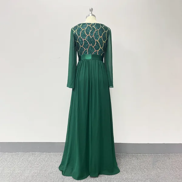 Chic / Beautiful Dark Green Sequins Evening Dresses 2023 A-Line / Princess V-Neck Long Sleeve Chiffon Sash Floor-Length / Long Evening Party Formal Dresses