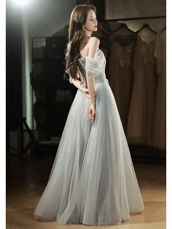 Charming Sky Blue Beading Evening Dresses 2022 A-Line / Princess Off-The-Shoulder Sleeveless Backless Floor-Length / Long Evening Party Formal Dresses