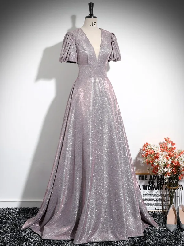 Sparkly Blushing Pink Glitter Prom Dresses 2024 A-Line / Princess V-Neck Short Sleeve Backless Floor-Length / Long Prom Formal Dresses