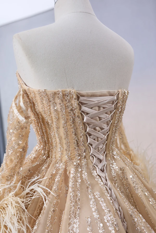 Luxury / Gorgeous Champagne Handmade  Beading Sequins Tassel Prom Dresses 2024 Ball Gown Strapless Short Sleeve Backless Court Train Prom Formal Dresses