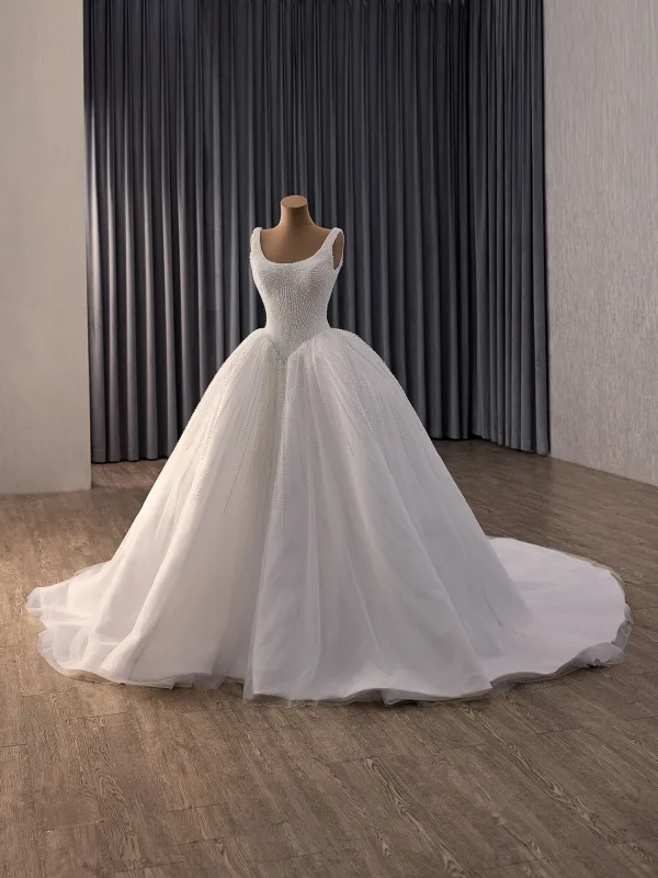 Vintage / Retro High-end White Handmade  Pearl Wedding Dresses 2026 Ball Gown U-Neck Sleeveless Backless Chapel Train