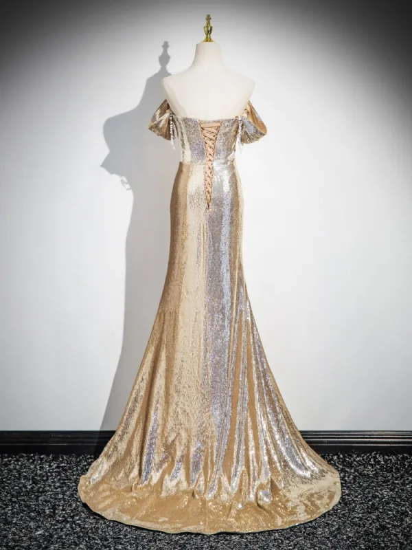 Sexy Scintillantes Doré Paillettes Robe De Soirée 2025 Trompette / Sirène Bustier Sans Manches Dos Nu Train De Balayage Soirée Robe De Ceremonie