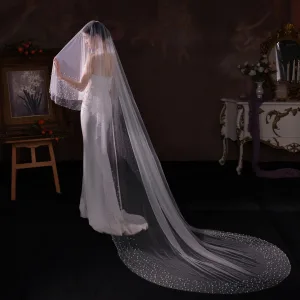 Elegant White Pearl Court Train Wedding Veils 2025 2 M Tulle