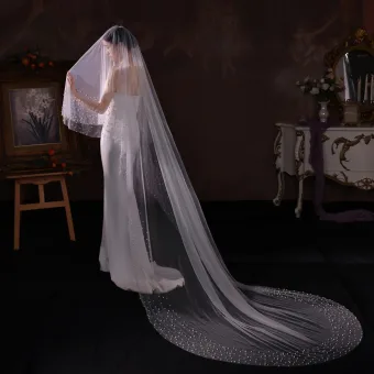 Elegant White Pearl Court Train Wedding Veils 2025 2 M Tulle