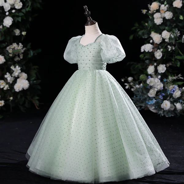 Modest / Simple Sage Green Pearl Birthday Flower Girl Dresses 2024 Ball Gown Square Neckline Short Sleeve Floor-Length / Long
