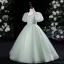 Modest / Simple Sage Green Pearl Birthday Flower Girl Dresses 2024 Ball Gown Square Neckline Short Sleeve Floor-Length / Long