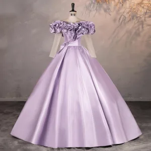 Elegant Lavender Prom Dresses 2025 Ball Gown Ruffle Scoop Neck 1 2 Sleeves Backless Floor Length Long Formal Dresses