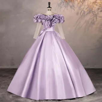 Élégant Lavande Robe De Bal 2025 Robe Boule Volants Encolure Dégagée 1 2 Manches Dos Nu Longue Robe De Ceremonie