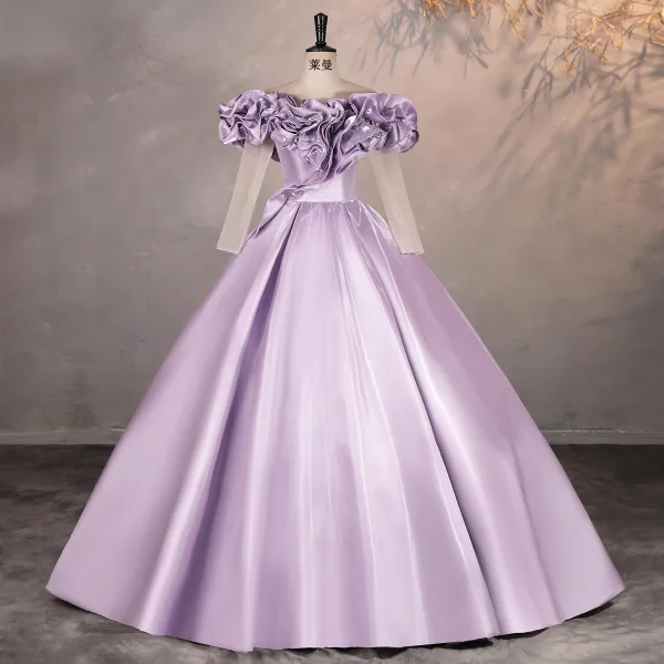 Elegant Lavender Prom Dresses 2025 Ball Gown Ruffle Scoop Neck 1/2 Sleeves Backless Floor-Length / Long Formal Dresses Elegant Lavender Prom Dresses 2025 Ball Gown Ruffle Scoop Neck 1/2 Sleeves Backless Floor-Length / Long Formal Dresses