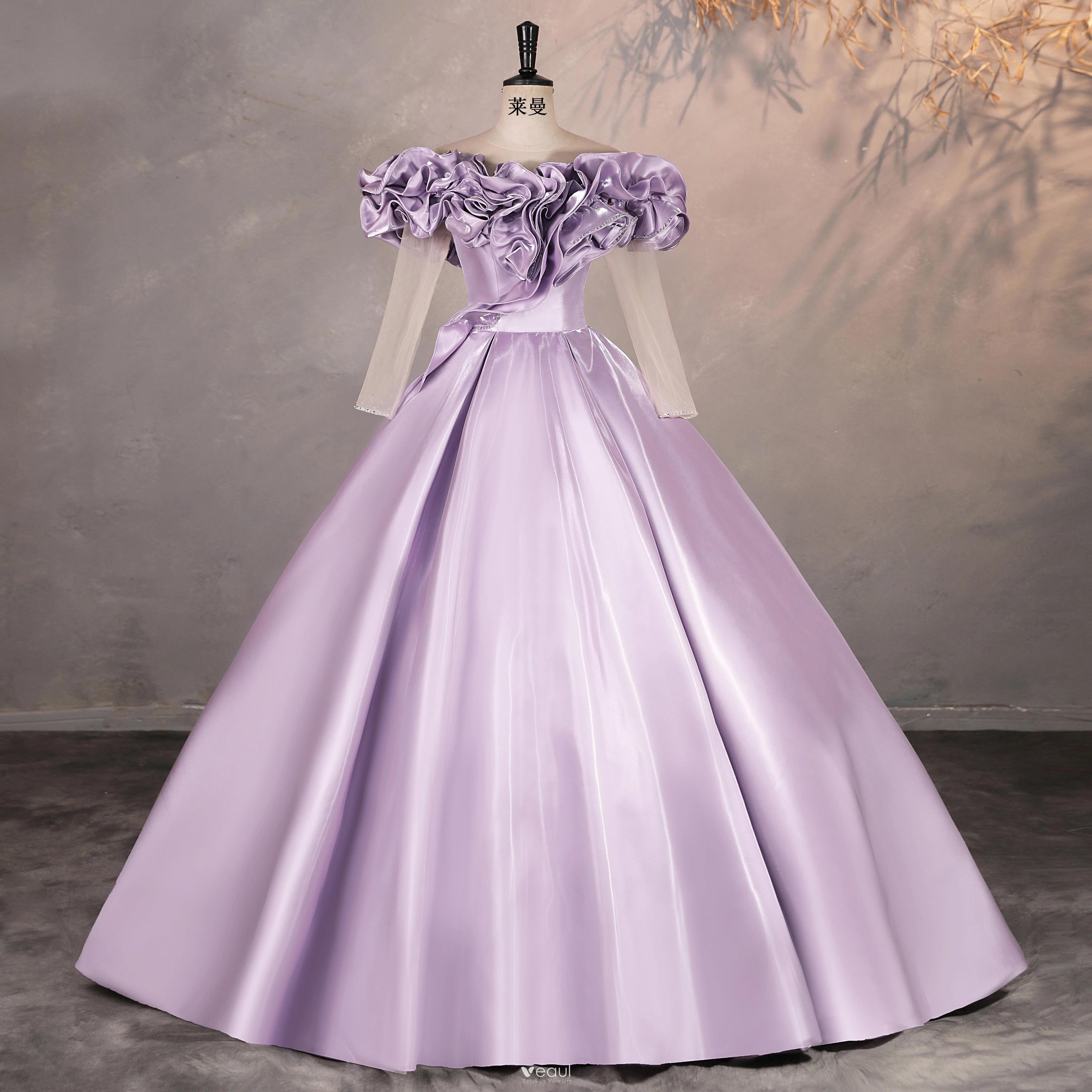 Elegant Lavender Prom Dresses 2025 Ball Gown Ruffle Scoop Neck 1/2 Sleeves  Backless Floor-Length / Long Formal Dresses