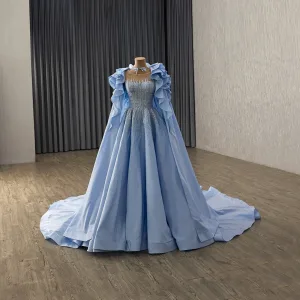 High End Himmelsblå Handgjort Beading Rhinestone Paljetter Balklänningar 2025 Balklänning Urringning Ärmlös Domstol Tåg Bal Formella Klänningar